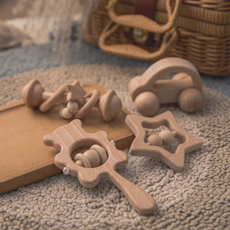 Wooden Baby Rattles Set | Beech Wood Teether and Musical Montessori Toy for Infants